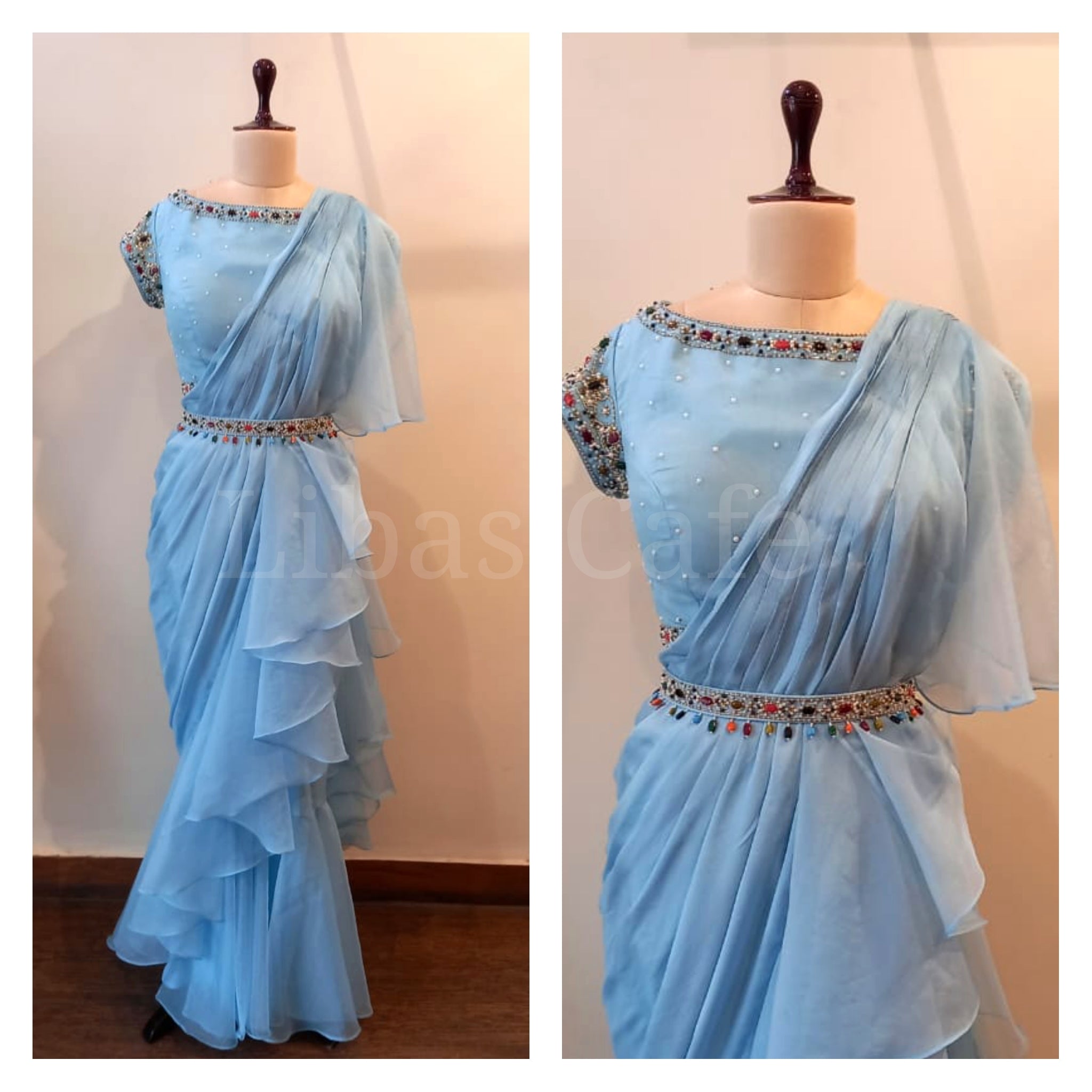 Pastel Blue Ruffle Saree